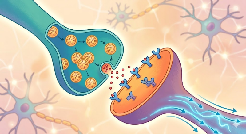Simplified drawing of a dopamine synapse: a junction where neurotransmitters pass from one neuron to another.