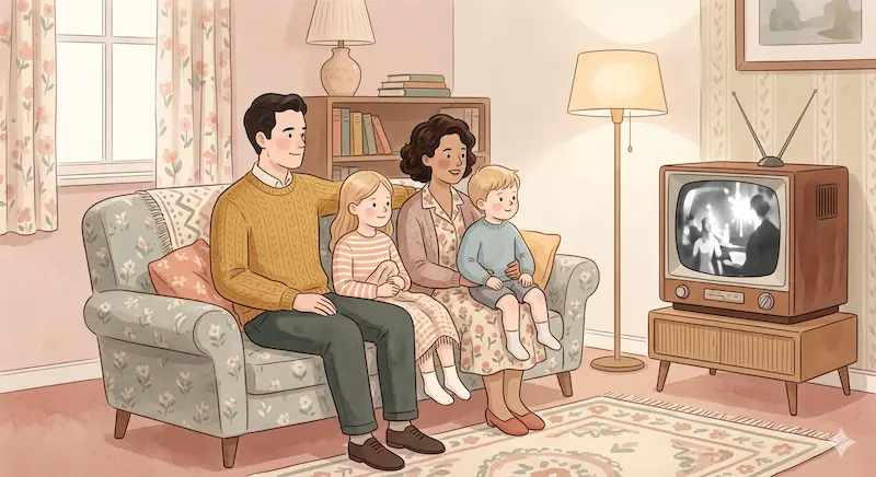 A family sitting together on a sofa watching a vintage tube television in a warm 1950s living room