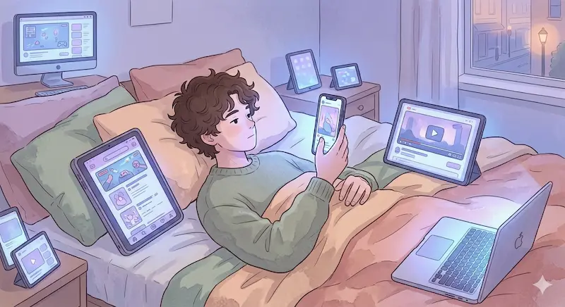 A young person surrounded by multiple glowing screens, scrolling through a vertical short video feed on a smartphone