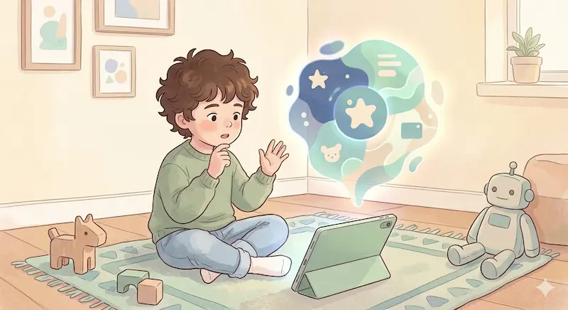 A young child sitting on the floor interacting with a tablet using voice commands, a soft glowing AI interface above the screen