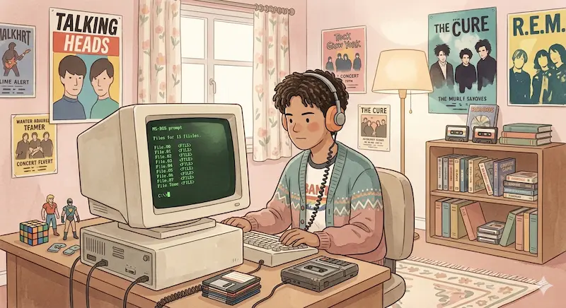 A teenager with foam headphones sits in front of an old desktop computer, rock band posters on the wall behind