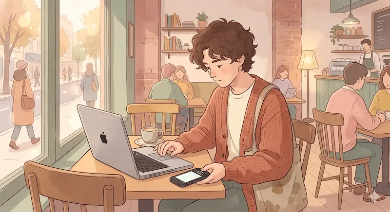 A young adult working on a laptop in a cosy café while checking a smartphone on the table
